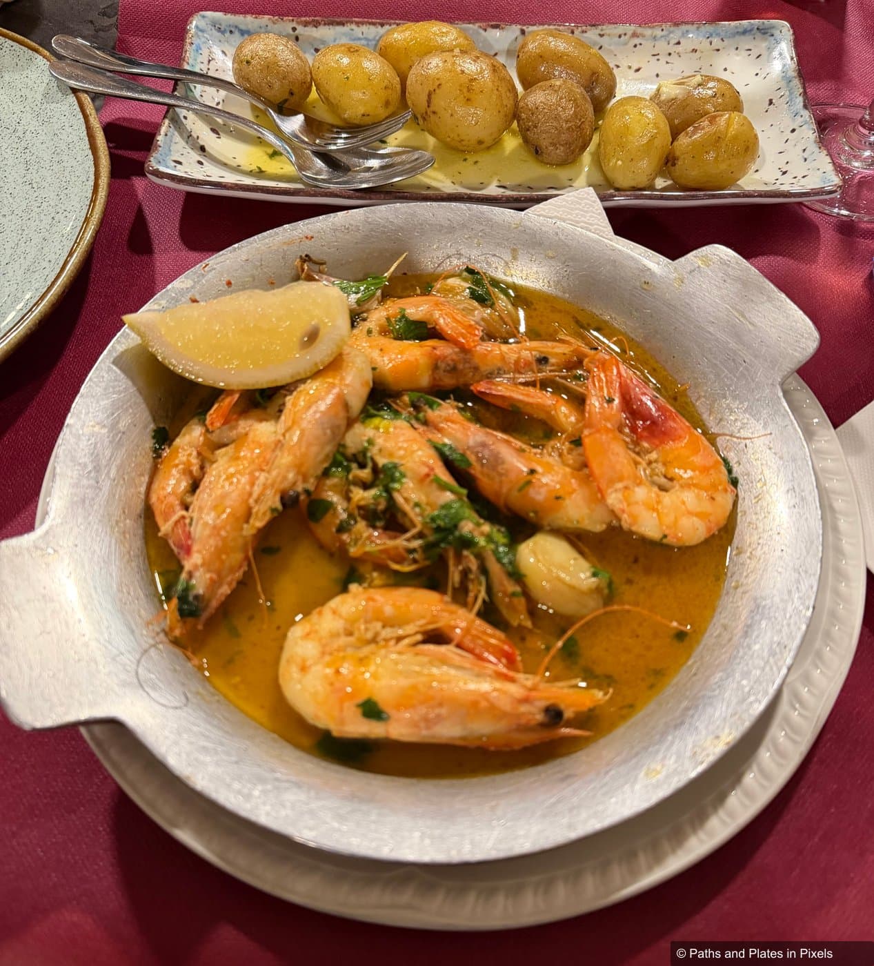 Grilled shrimps at Adega dos Salgados restaurant, Algarve