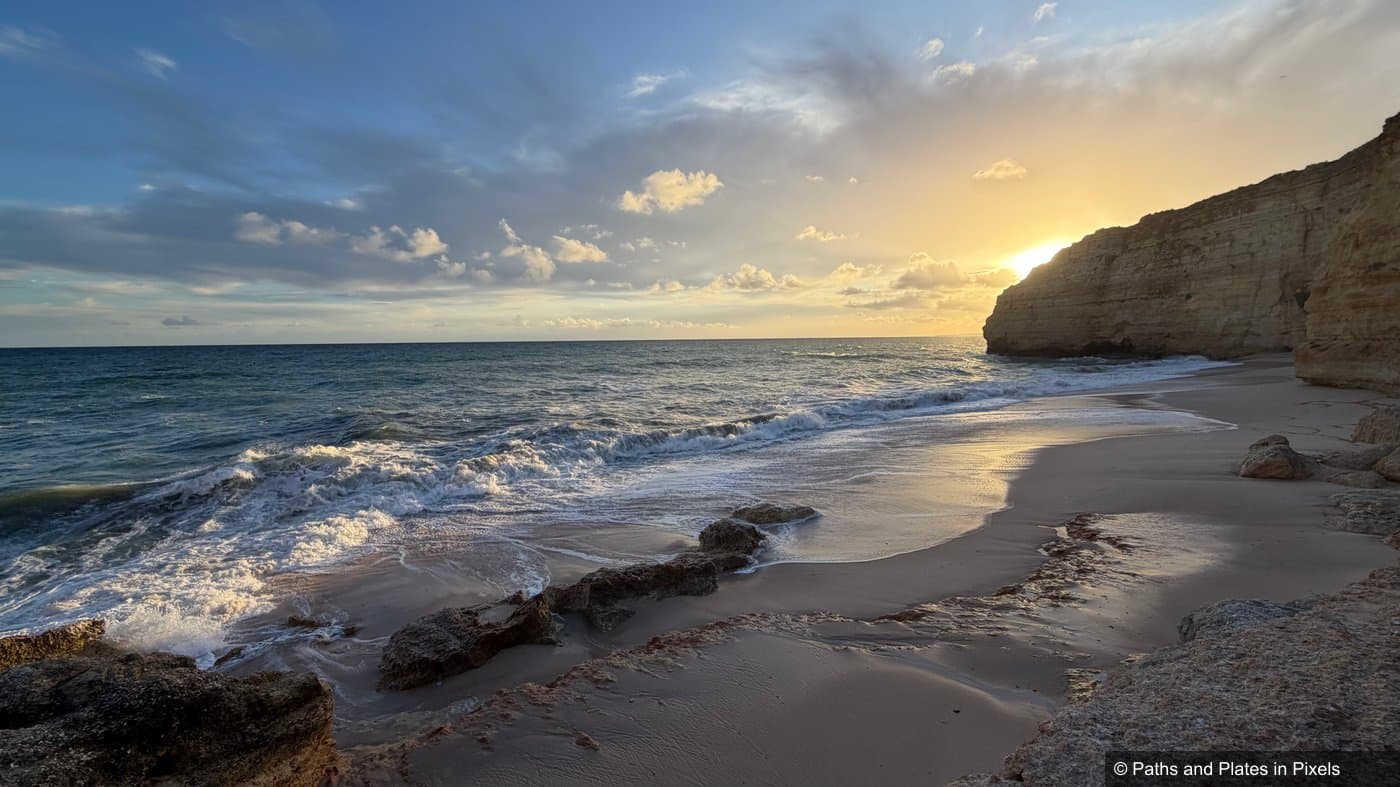 Praia do Vale de Centeanes beach and cliffs at sunset, Algarve