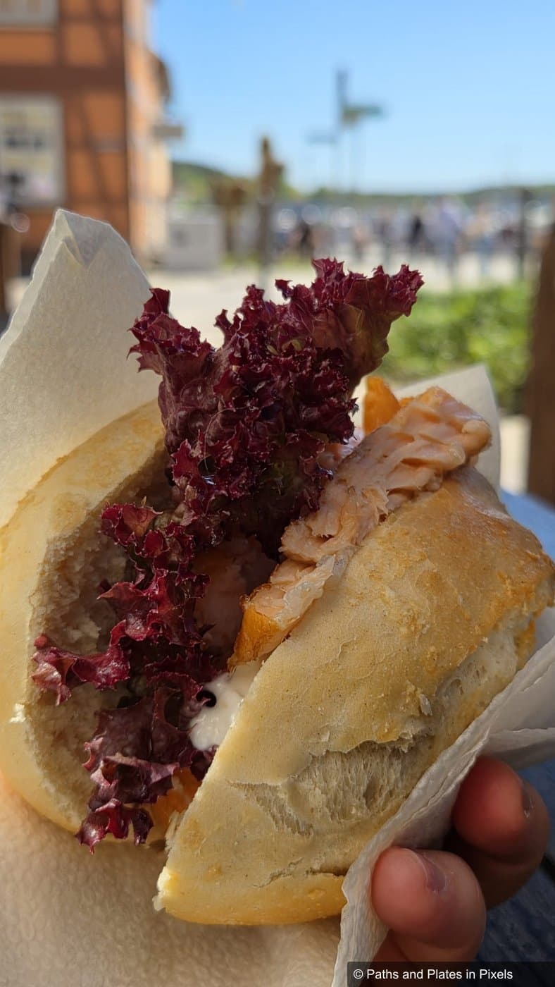 Fish sandwich with smoked salmon at Fischladen in Waren