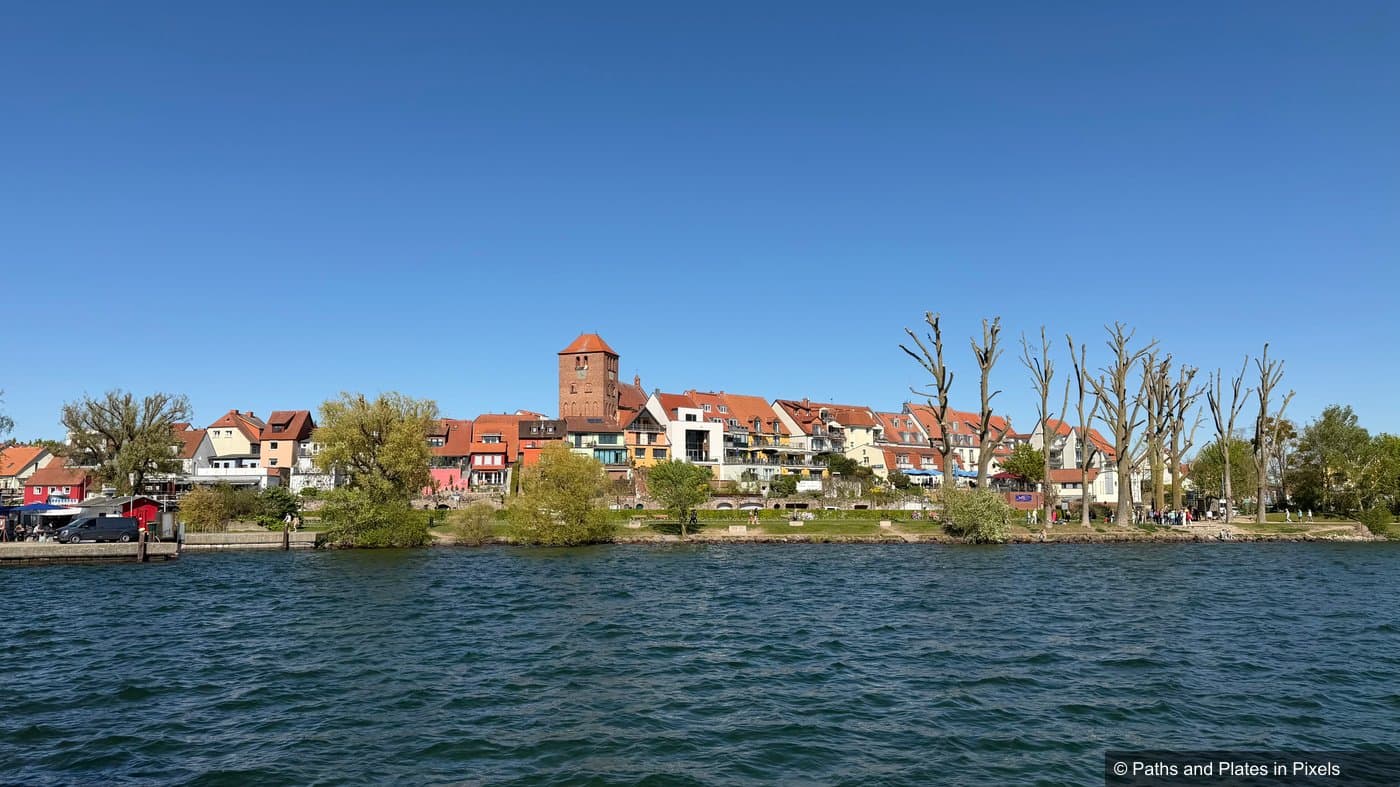 Waren (Müritz) seen from the cruise boat on a sunny spring day
